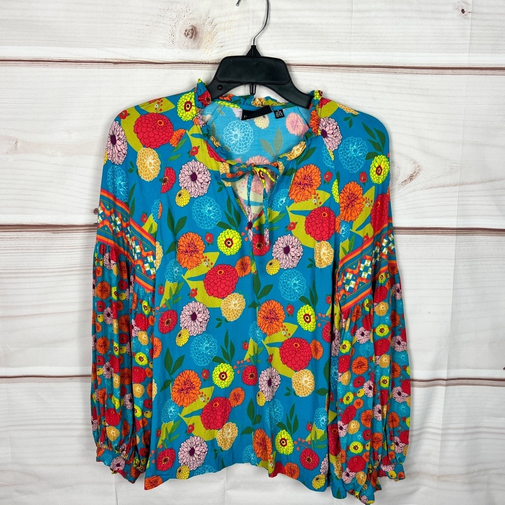 Emily Lovelock Top Womens Small Blue Floral Colorful Blouse Balloon Sleeve Woven